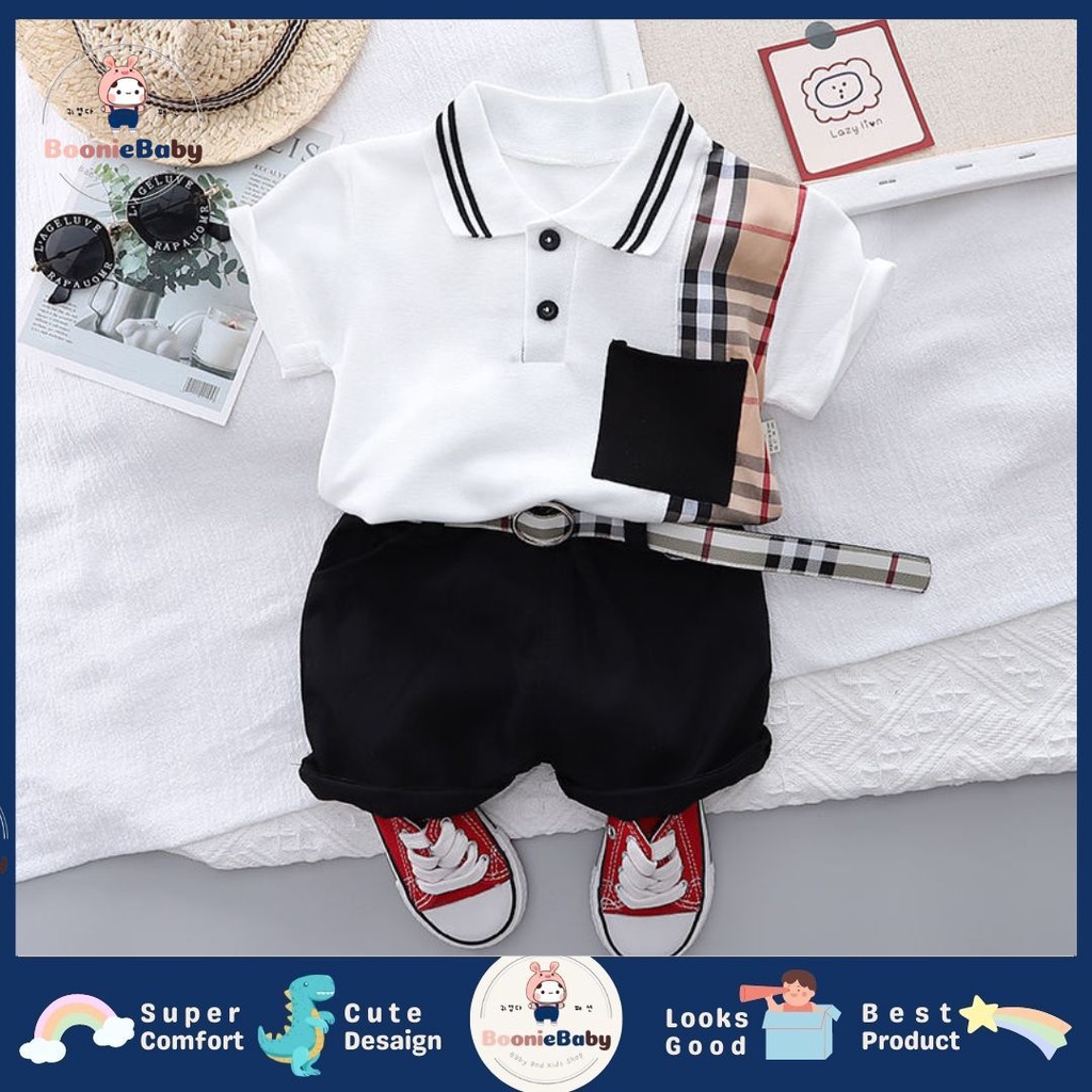 boonie [COD] setelan kaos anak laki laki impor motif garis celana pendek termasuk belt import fashion SET BOBERY