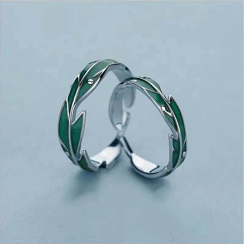 Cincin Enamel Bentuk Daun Hijau Adjustable Untuk Pria Dan Wanita