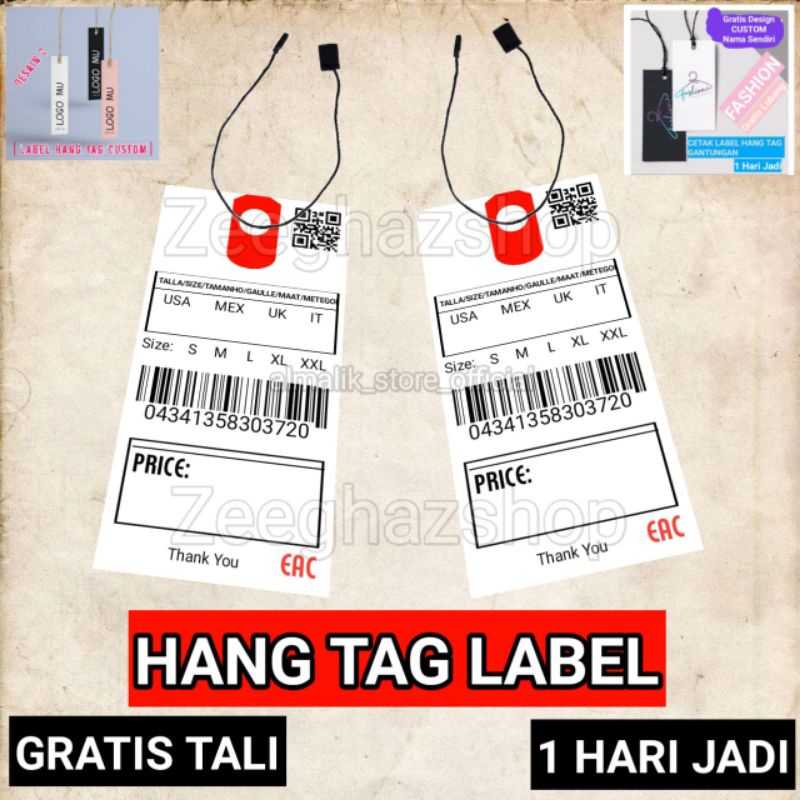 

100 pcs hang tag label free size / hang tag barcode original impor label baju