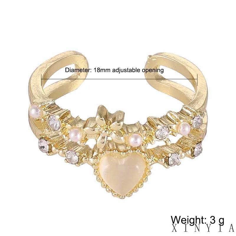 【Bayar di tempat】Set Perhiasan Cincin Adjustable Desain Bunga Hati Kristal Mutiara Warna Pink Untuk Wanita