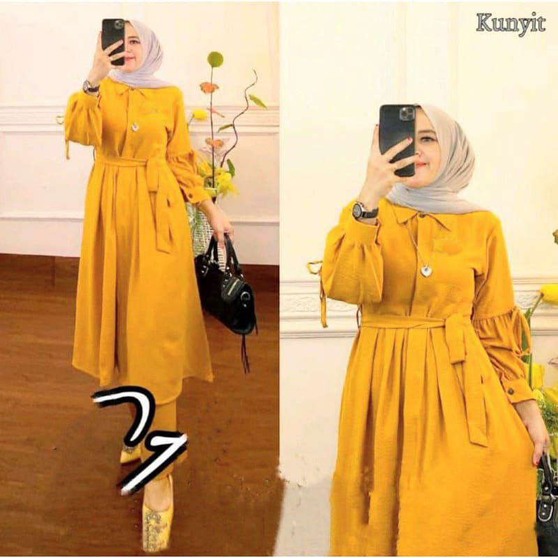 Setelan Tunik Kekinian/Long Tunik Wanita/Setelan Polos Wanita Kekinian/Baju Stelan Wanita Terbaru/Ba