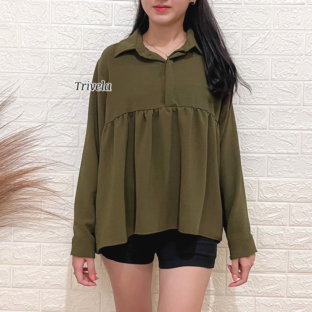 TRIVELA - Blouse Kerja Korean - Kemeja Flowy Adem Wanita - Kemeja Oversized Wanita - Longshirt 9901 - Callista SJJ