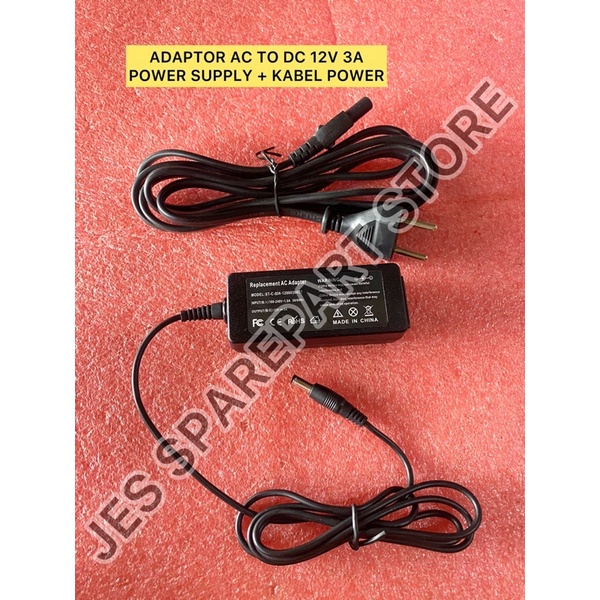 ADAPTOR AC TO DC 12V 3A POWER SUPPLY + KABEL POWER