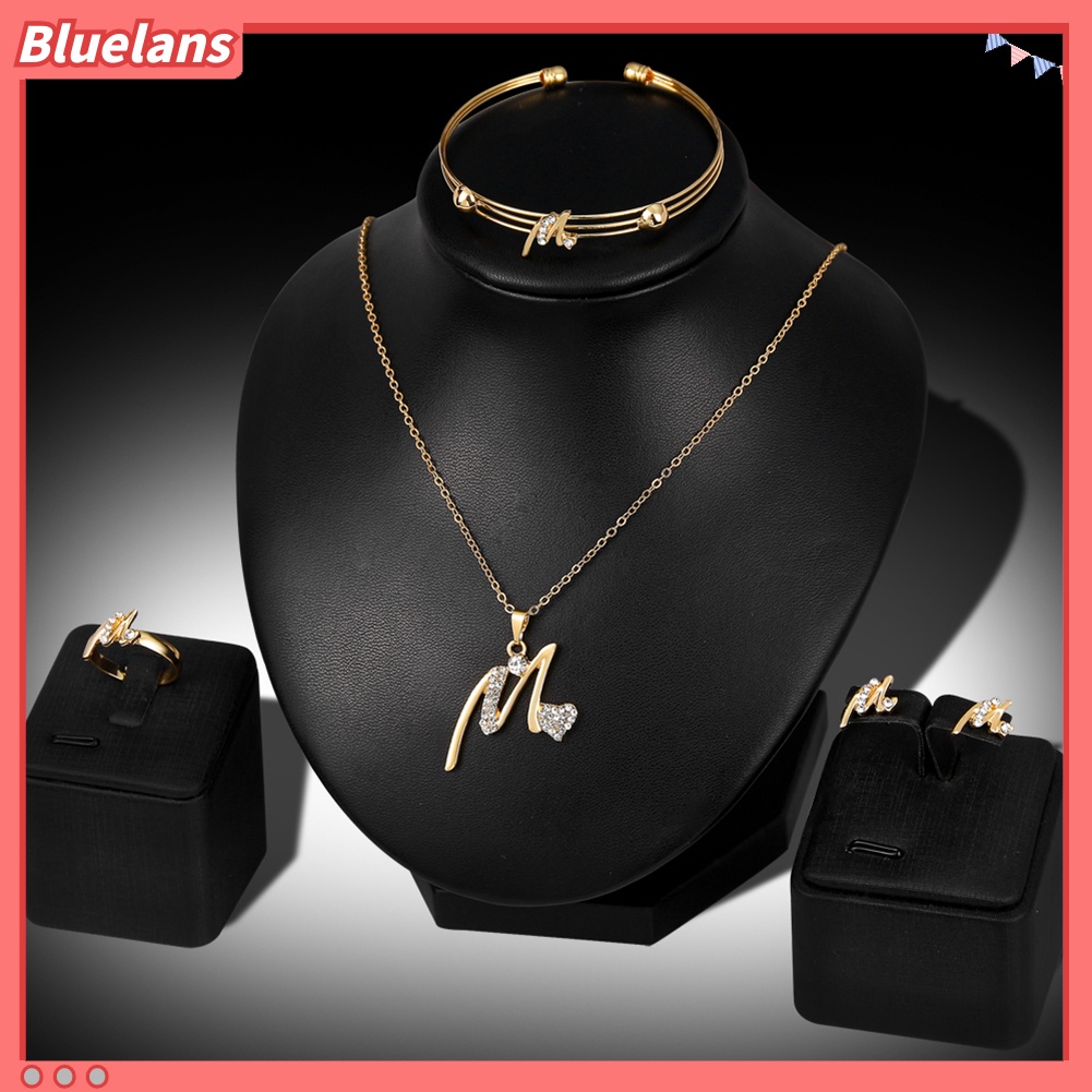 Bluelans KC Gold Plated Rhinestone Heart M Letter Pendant Necklace Ring Bangle Earrings