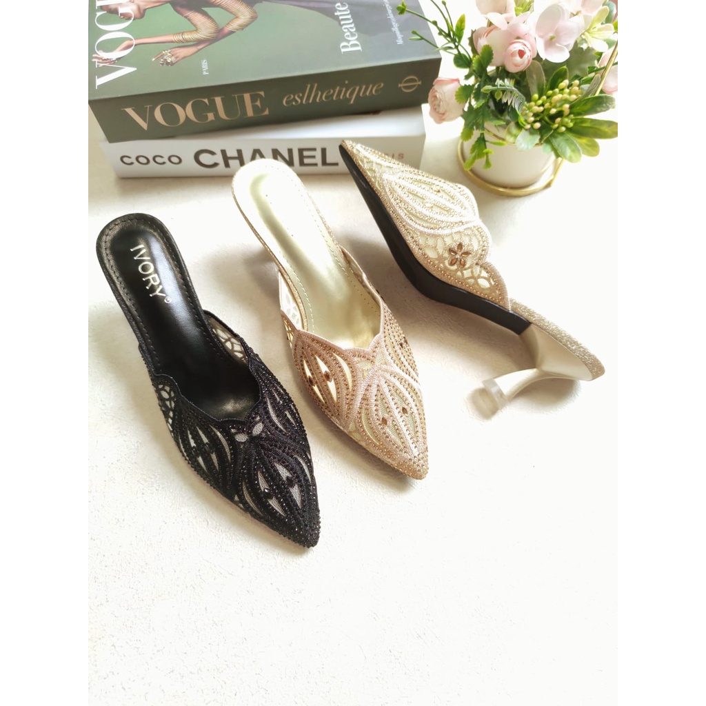 IVORY Sepatu Heels Mules Pesta Glitter X28-234