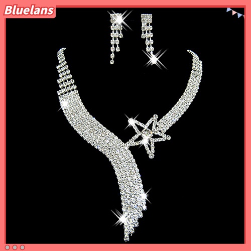 Bluelans Set Kalung + Anting Gantung Panjang Tusuk Aksen Berlian Imitasi + Rumbai Untuk Perhiasan Wanita
