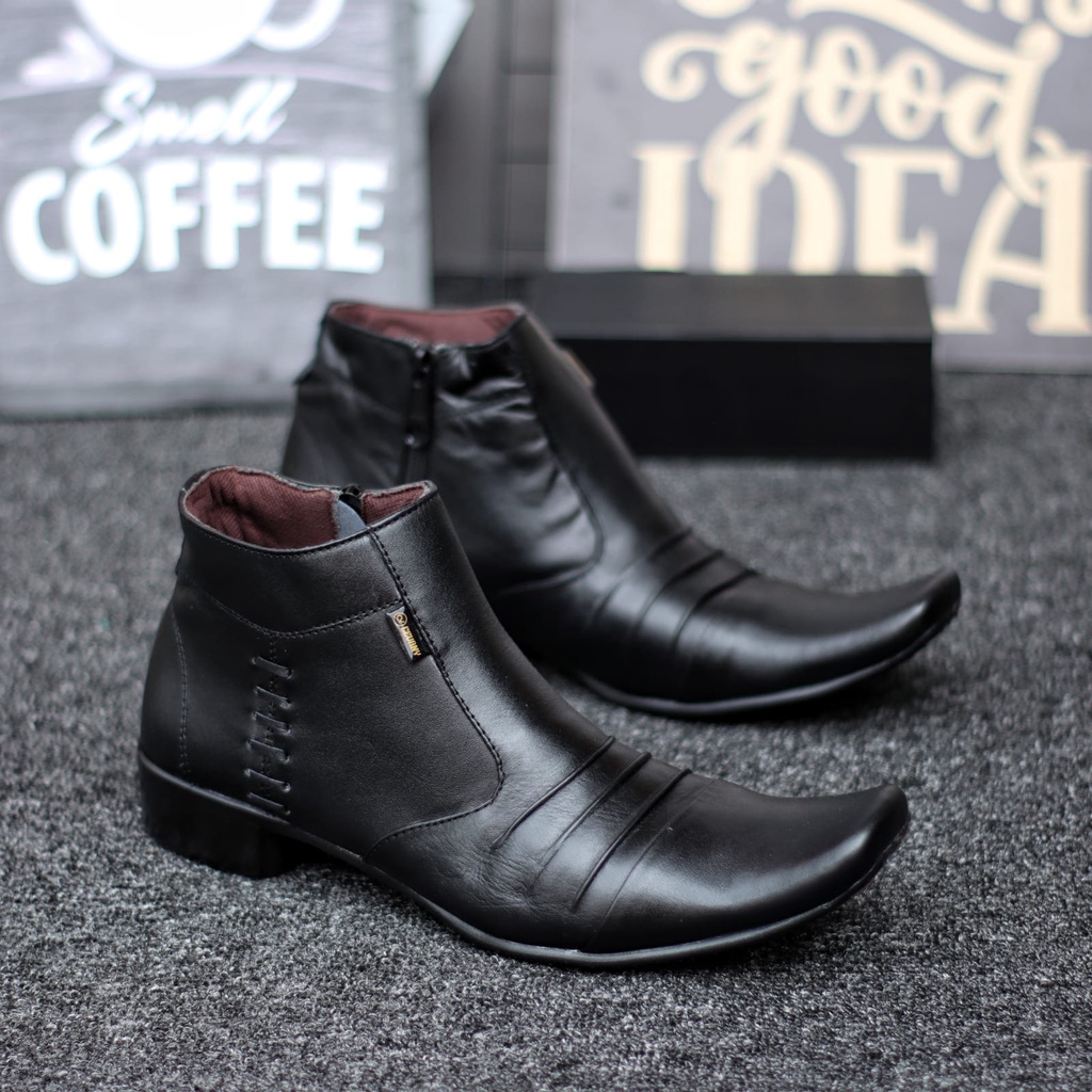 Sepatu Boots Pantofel Kulit Asli Formal Resleting Kerja Hitam Pria Abrhm Badami