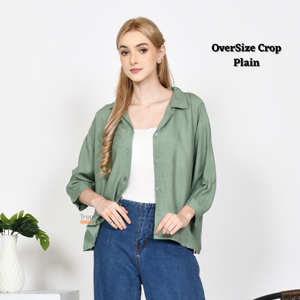 Kemeja Wanita OverSize Crop POLOS Garis Terbaru Kekinian l Cwek Style Korea