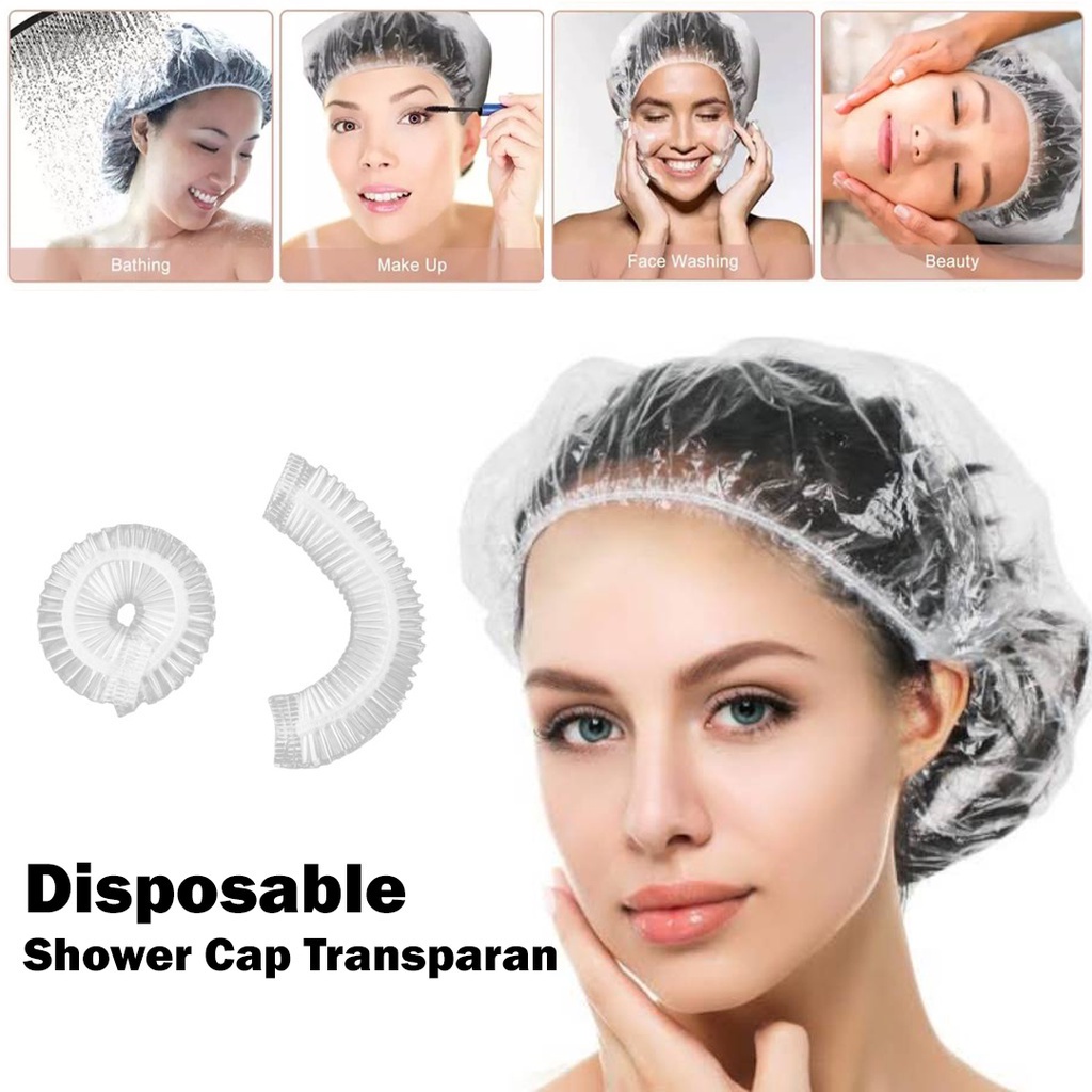shower cap polos travel plastik penutup kepala topi mandi keramas pelindung rambut helm ojol gojek grab buah makanan sepatu putih bening transparan amenities hotel salon spa