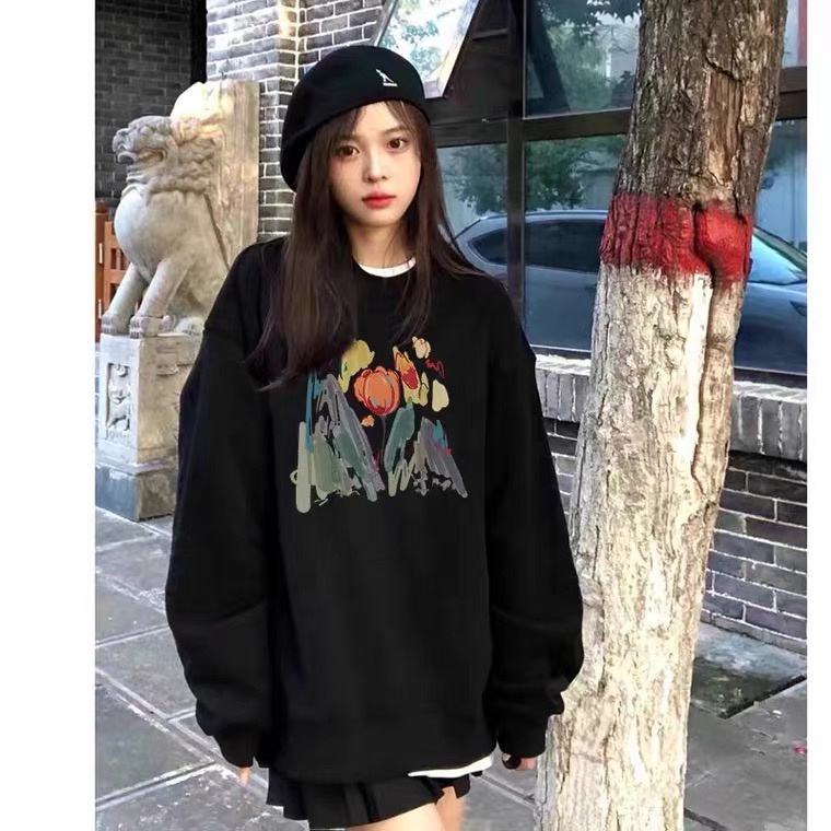 Korea Style Sweater Oversize Rose Flower Graphic Printing Top Vintage Import Kasual Sweater