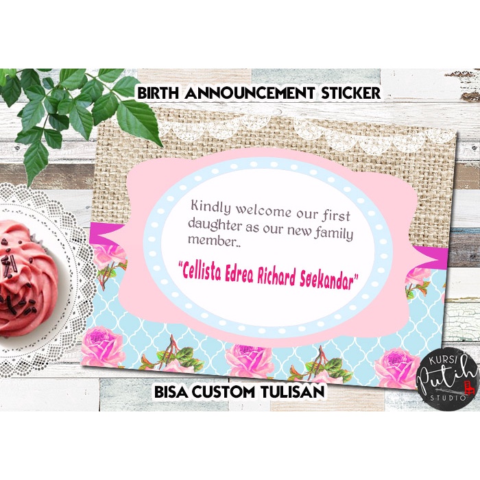 

sticker kelahiran / birth announcement / aqiqah size 10x6 cm tema shabby chic flowers