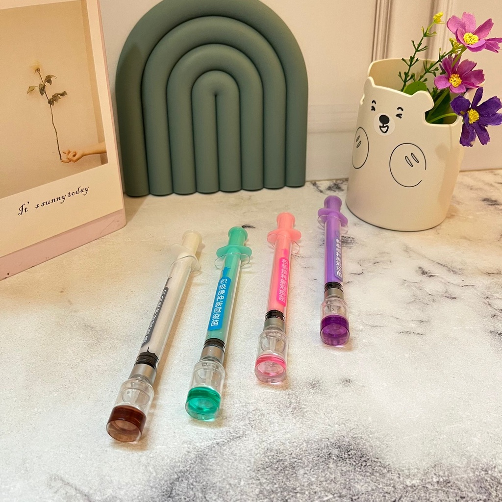 

pen suntikan vaksin pulpen lucu imut bolpen fancy unik tinta hitam keperluan sekolah anak bisa COD termurah import moderna sinovac