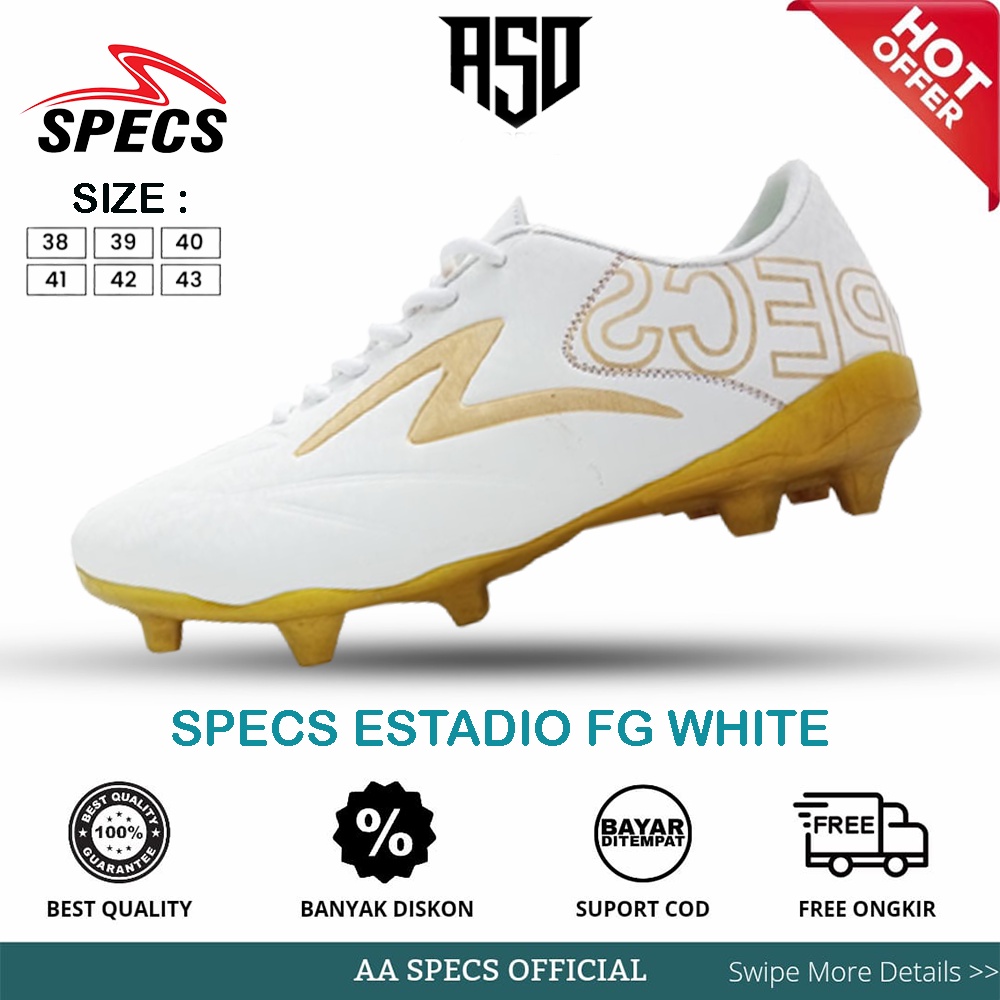Sepatu Bola Specs Estadio Fg White Gold Komponen Original 100% Size 38 43