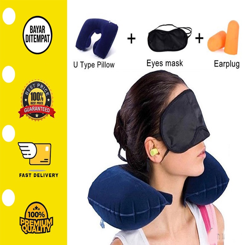 ✅ 1 Set Bantal Leher Angin Mobil Naik Pesawat Travel Pillow Set 3 in 1 Penutup Mata Telinga Set