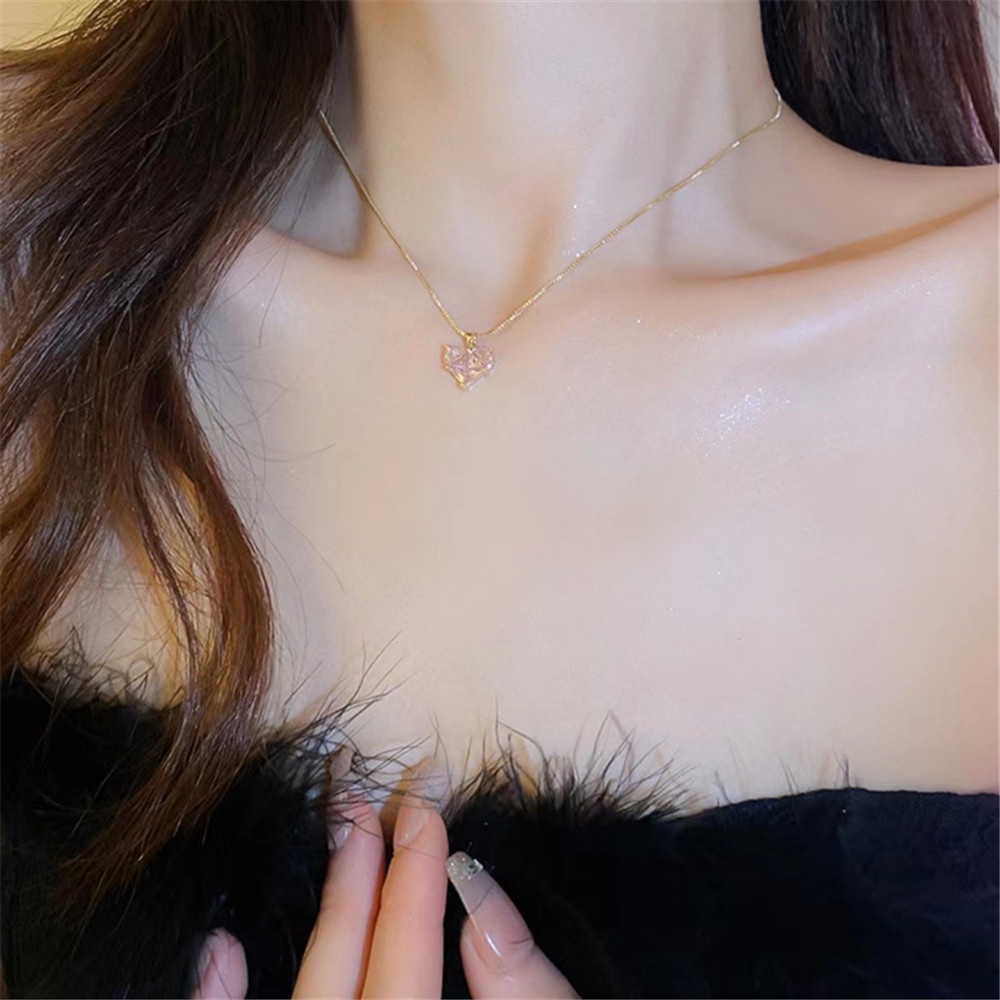 AY(CN) Kalung Choker Rantai Emas Dengan Liontin Hati Kristal Pink Untuk Wanita