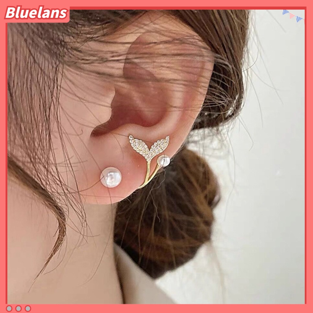 Bluelans 1 Pasang Anting Stud Desain Ekor Ikan Aksen Mutiara Tiruan Tahan Lama Untuk Harian