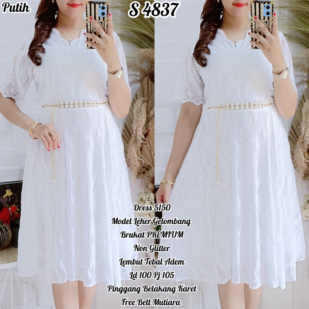 STYLE 4837.DRESS PUTIH POLOS BRUKAT+BELT MIDI DRESS LENGAN PENDEK PREMIUM