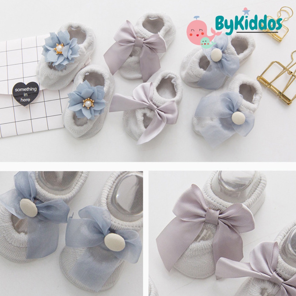 ByKiddos - Kaos Kaki Bayi Perempuan Newborn 0-6 Bulan Import Kualitas Premium Korea Motif 3 Jenis Bunga Pita