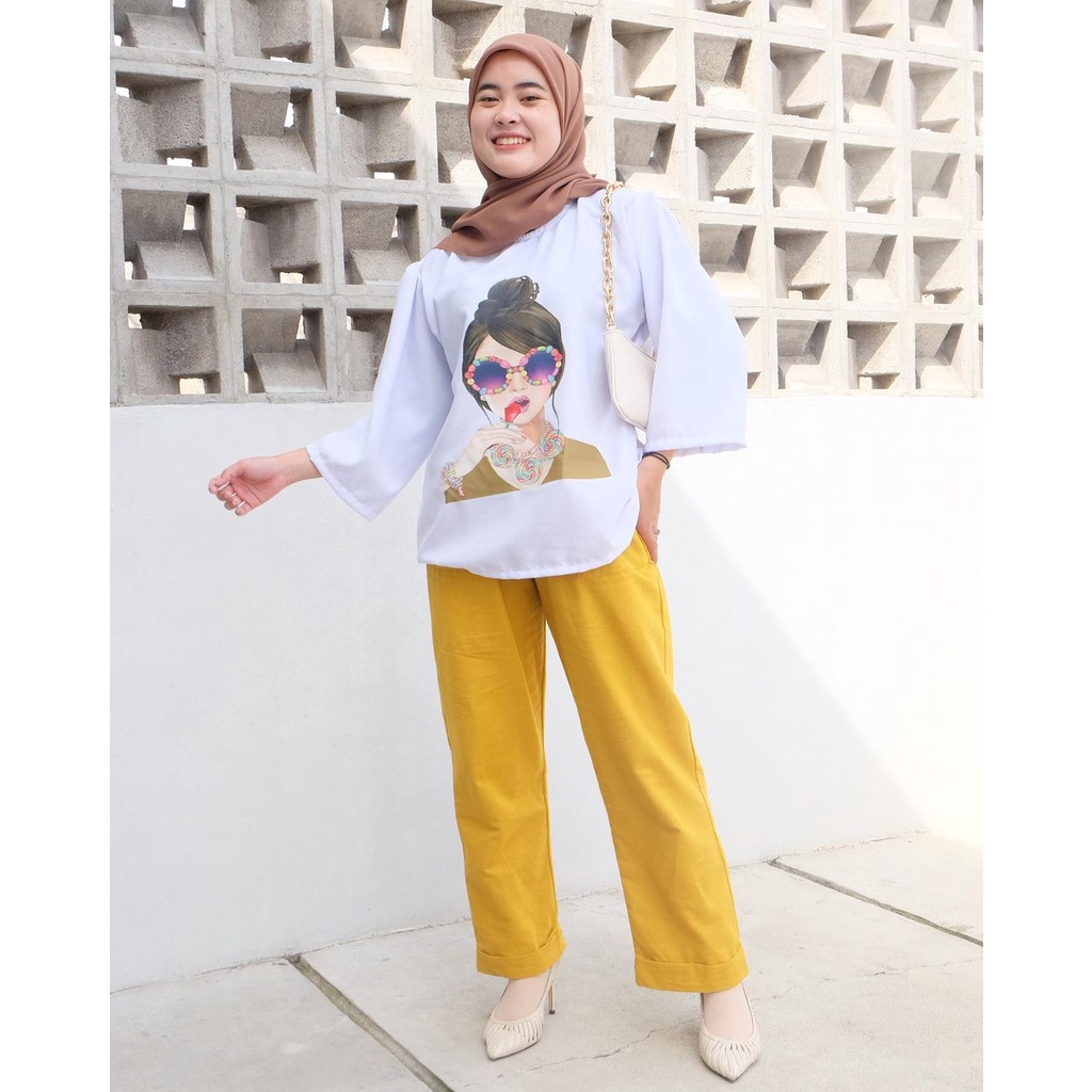 LOLY ONESET BLOUSE + PANTS SETELAN  OVERSIZE WANITA CREAMY CREPE PREMIUM