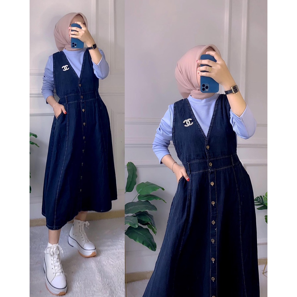 Parisdivarious Tifan Overall Bahan Denim Kombinasi Knit Ld 110 Cm Fit XXL