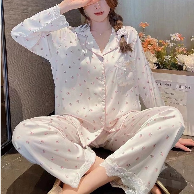 2026 Versi Korea Baru dari bunga kecil Long -sleeved Long Celana Piyama Manis/Bisa Mengenakan Pakaia