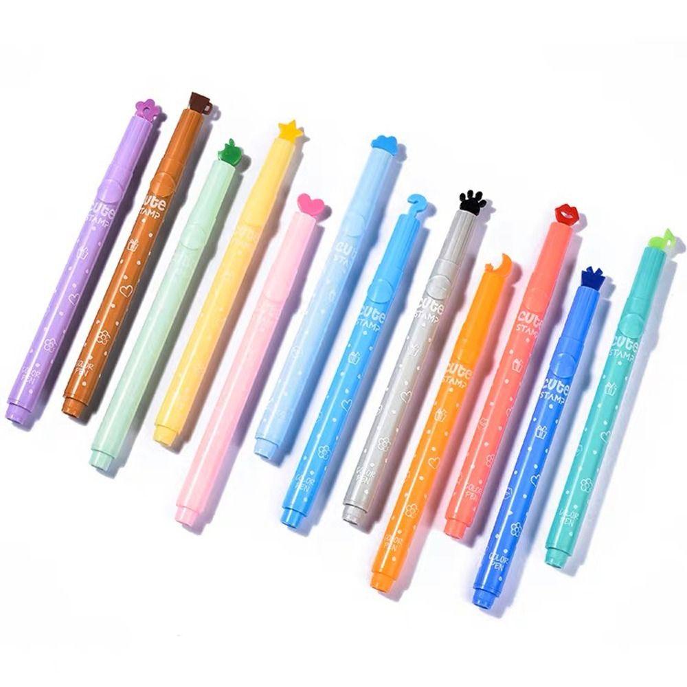 Lanfy Pulpen Stabilo 6Pcs/Set Lukisan Protable Untuk Siswa Spidol Set Alat Tulis Kantor Bunga Segel Hati Tip Untuk Akun Manual Bolpen Neon