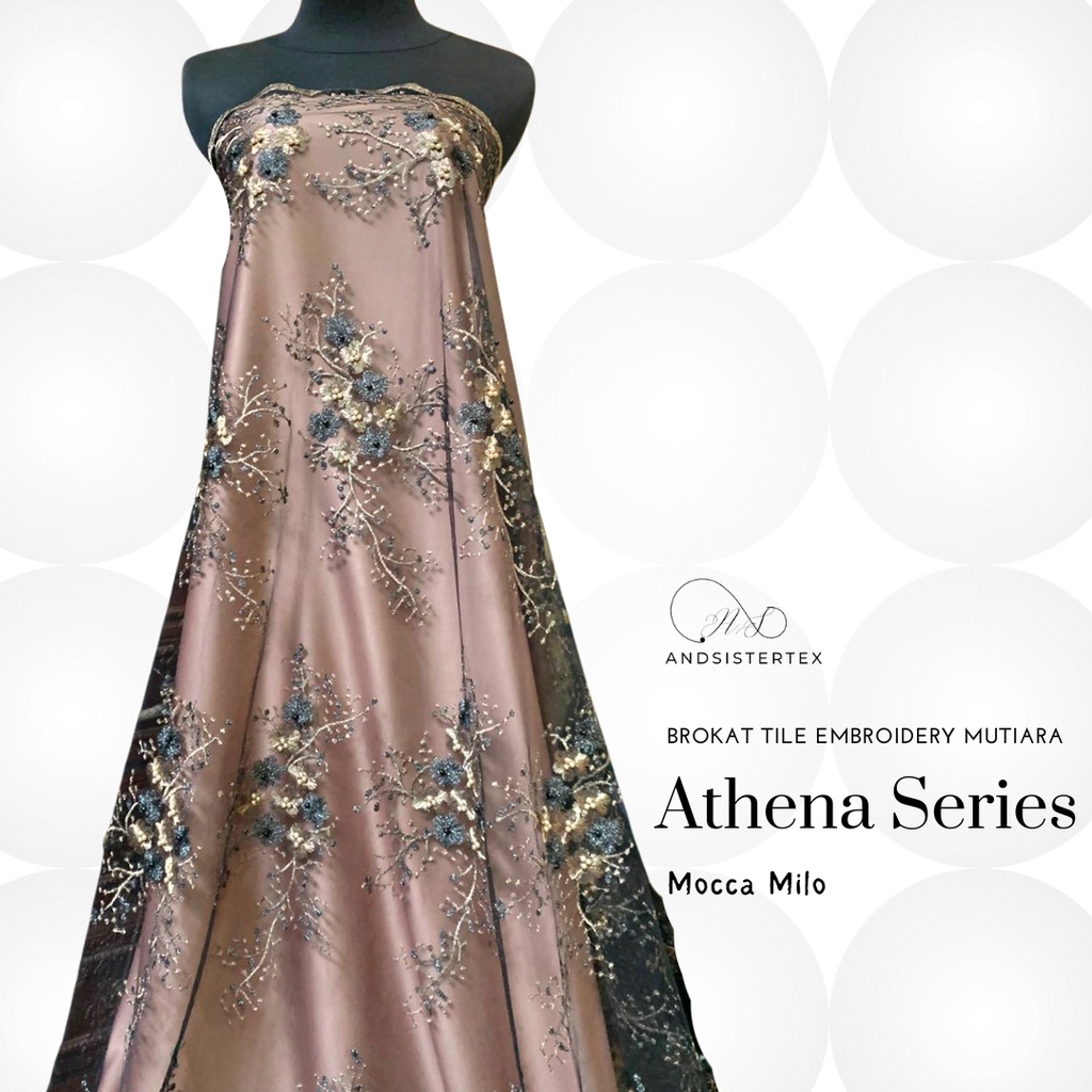 Bahan Kebaya Mewah 2 TONE Brokat Dasar warna Hitam Tile Embroidery Stone Mutiara Athena  Warna Mocca