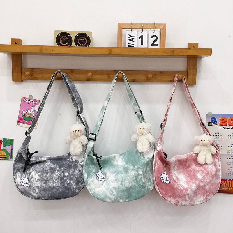 ◊Harajuku Jepang Chic Vintage Gadis Tie-Dye Lembut Gadis Tas Kanvas Versi Korea In Sederhana Messenger Tas Dumpling Bag