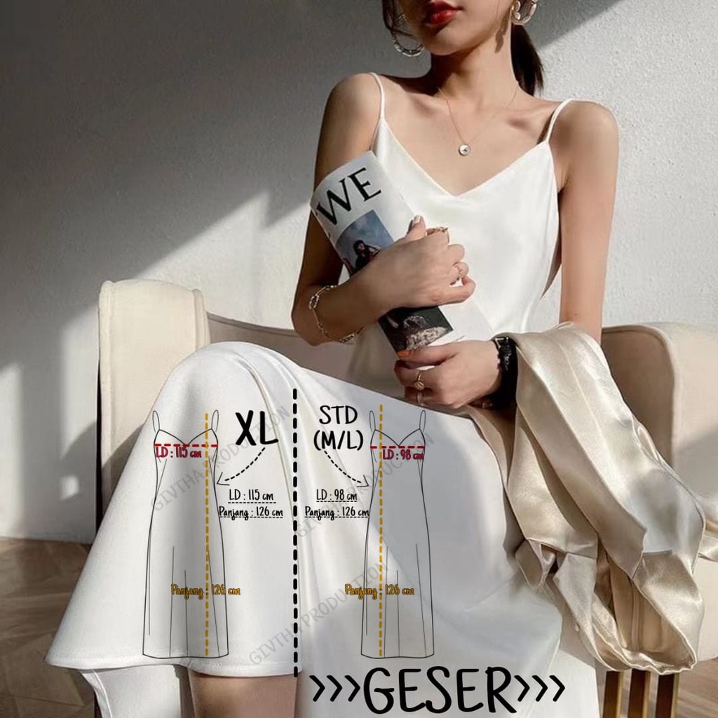 Long Dress Satin Wanita Bahan Saten Tali kecil Korea