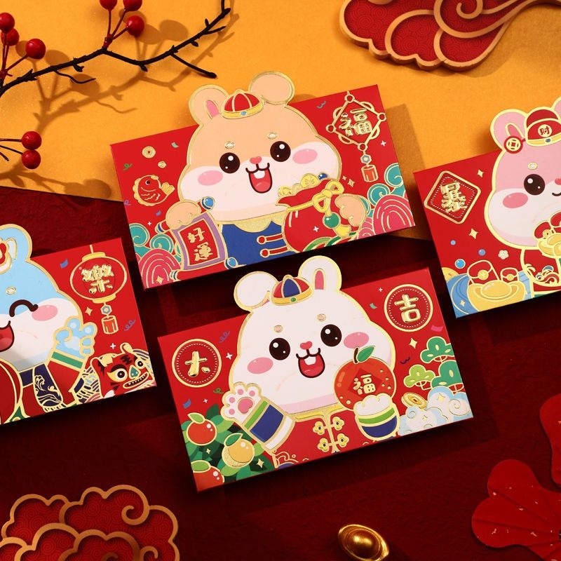 4pcs / Set Amplop Angpao Tahun Baru Cina / Imlek Motif Kartun Kelinci Warna Merah 2023