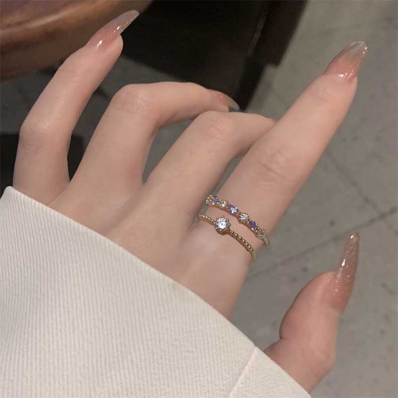 2pcs / Set Cincin Model Terbuka Bahan Titanium Steel Lapis Emas Hias Batu Zircon Ungu Untuk Wanita