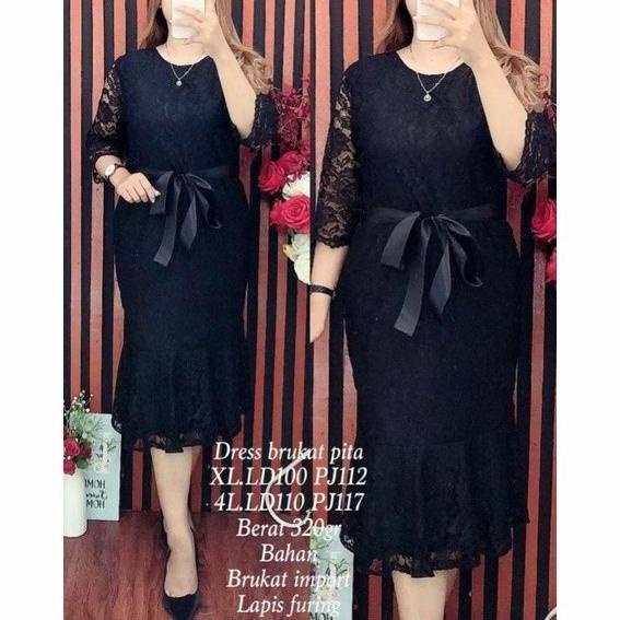 Dress Pesta Wanita Brokat Furing +Pita Lepas Hitam & Putih Xl Xxl Storolandari