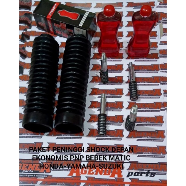 PAKET PENINGGI EKONOMIS SHOCK DEPAN MOTOR MATIC/BEBEK OLD KARET-PENINGGI DPN +PER REBOUND-OLI SHOCK