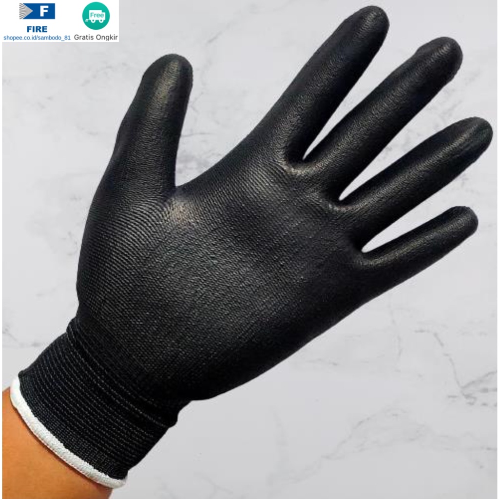 Sarung Tangan Satpam Anti Slip Hitam Black Hand Gloves Mekanik Montir Berkebun Tukang Telapak Tangan dilapisi karet Bahan Nylon Polyester Elektronik Assembly Static Multi Purpose Polyurethane Kerja Palmfit Safety Gloves