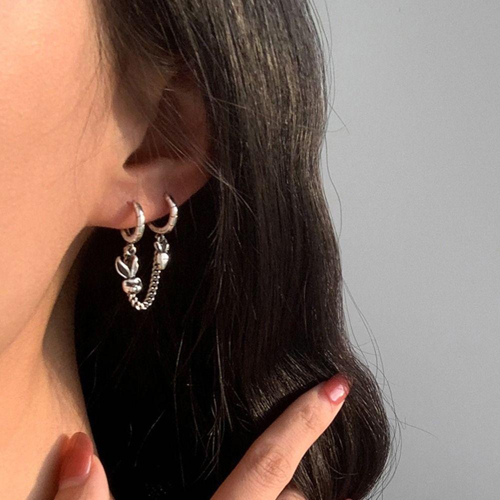 Mxbeauty Wanita Menjuntai Anting Fashion Perhiasan Pesta Perhiasan Hadiah Geometris Anting Liontin Kelinci Liontin Retro Anting Warna Perak Ganda Dua Lubang Tembaga Mode Hoop Earring