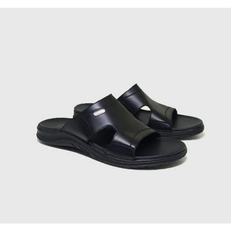 Original, Sandal KULIT Pria A4 Jepit Slide Cowok Bapak2 Model SLOP 38-44 Sendal Kulit Tebal Premium Hitam Black,44