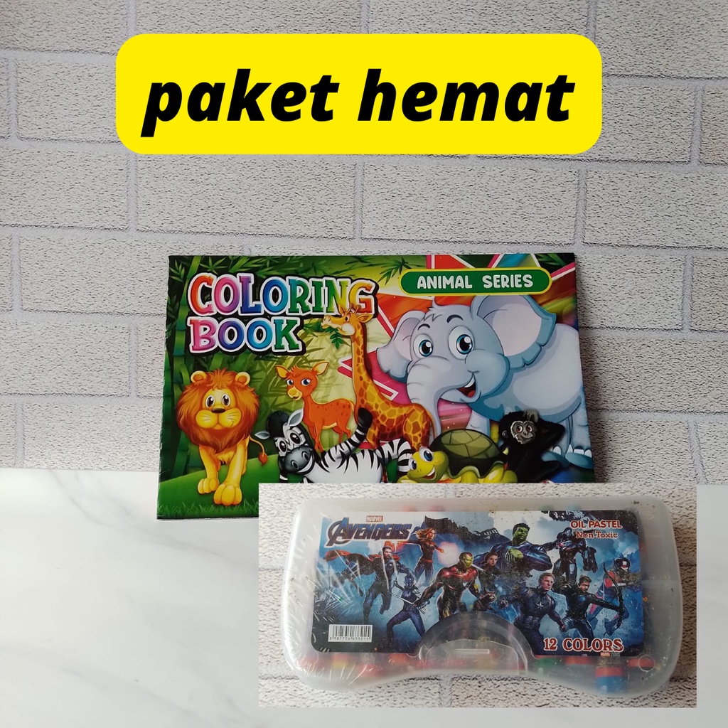 

Paket hemat mewarnai , 1 buku mewarnai karakter dan kerayo isi 12 warna