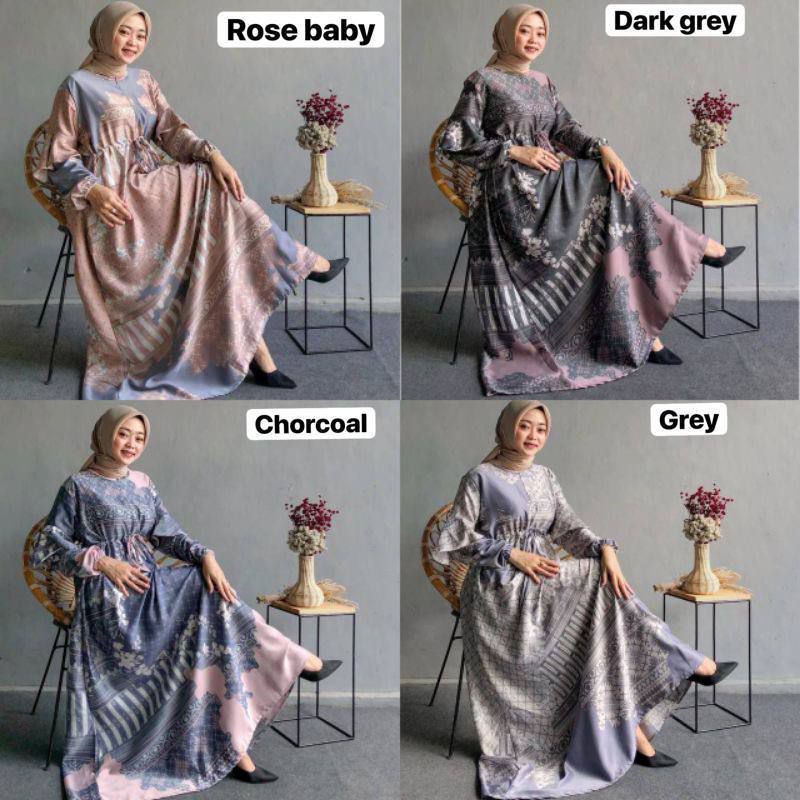 DRESS LAUDYA MAXAMARA LUXURY GAMIS LEBARAN KONDANGAN MOTIF BATIK ABSTRAK LENGAN RIMPEL TEROMPET GAMI