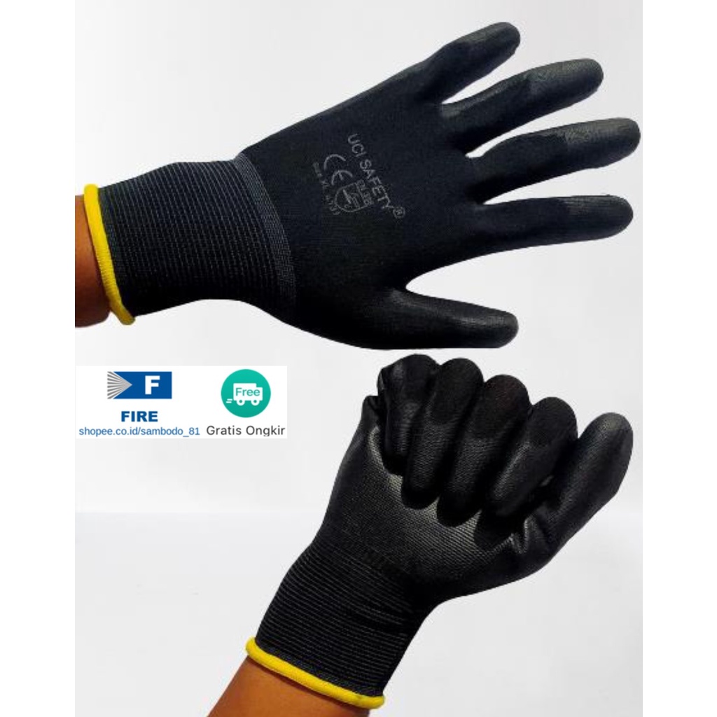 Sarung Tangan Hitam Black Hand Gloves Mekanik Montir Berkebun Tukang Telapak Tangan dilapisi karet Bahan Nylon Polyester Elektronik Assembly Static Multi Purpose Polyurethane Kerja Palmfit Safety Gloves Security Dilapisi Karet