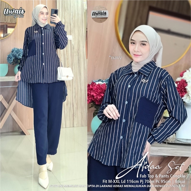 SETELAN ONESET KEMEJA GARIS CELANA POLOS - AFOLAA SET UWAIS