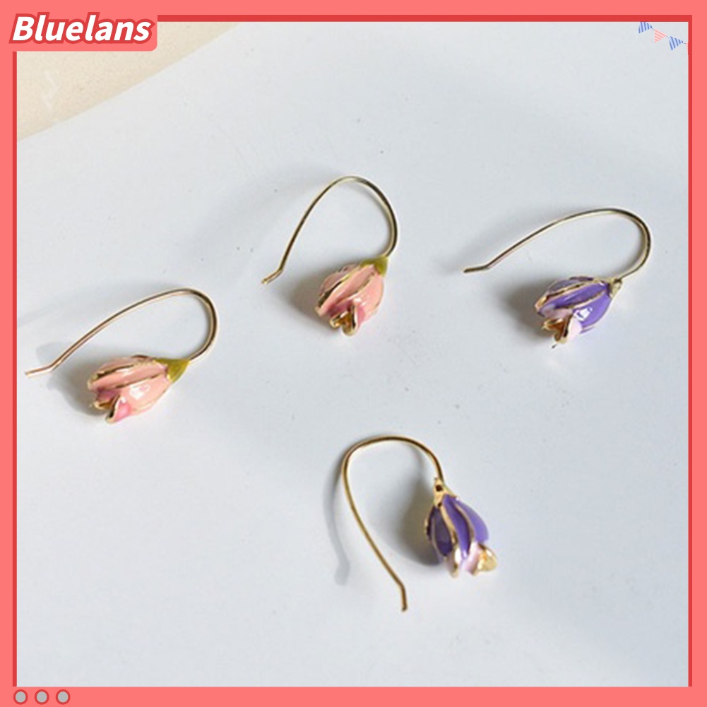 Anting Kait Liontin Bunga Tulip Enamel Gaya Vintage Untuk Hadiah Valentine Wanita