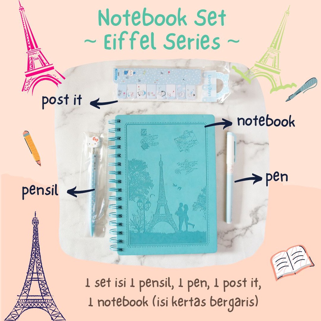 

Paket alat tulis set stationery Set buku catatan Set alat tulis set buku tulis stationary set tulis catatan spiral Eiffel Series