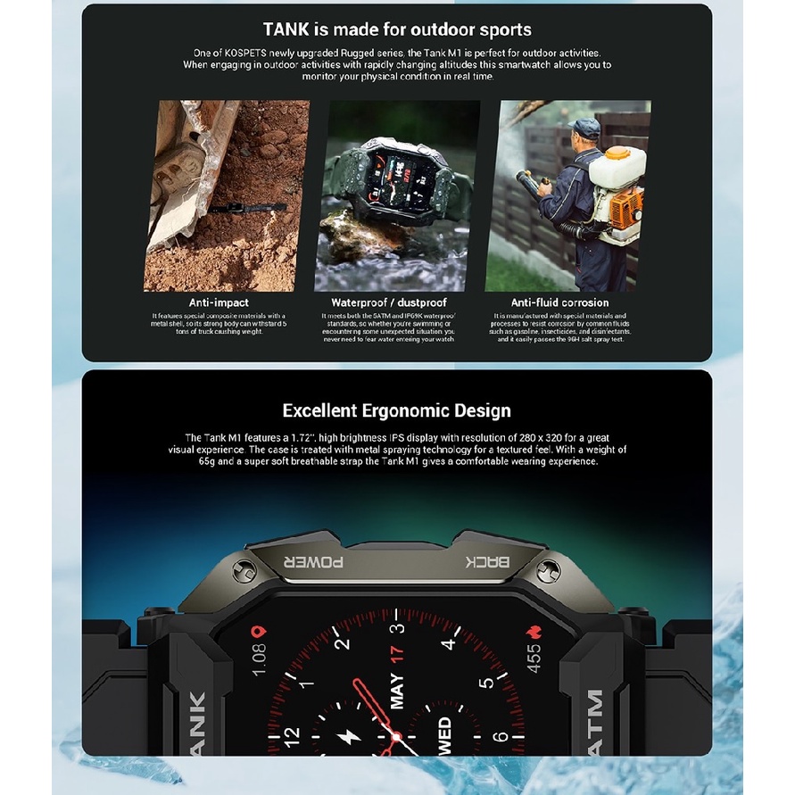 KOSPET TANK M1 - Outdoor 5ATM Sporty Smartwatch 1.72-inch IPS Display - Jam Tangan Pintar Outdoor Tahan Air Tahan Banting Layar IPS 1.72-inci Lengkap Dengan Heart Rate Sensor