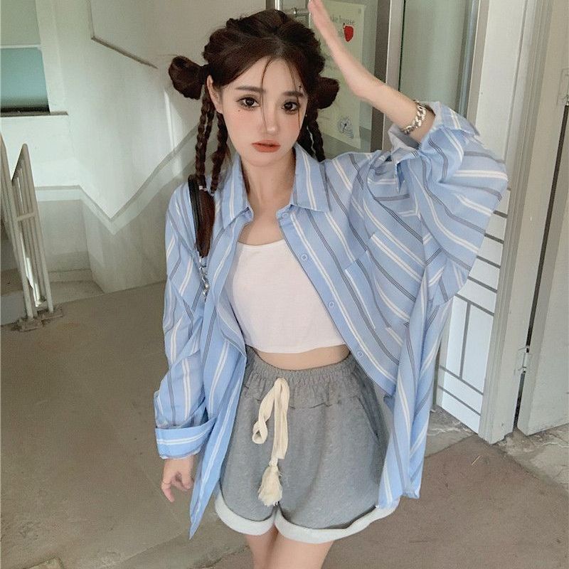 Kemeja lengan panjang bergaris perancis wanita top musim gugur baru fashion polo shirt desain niche