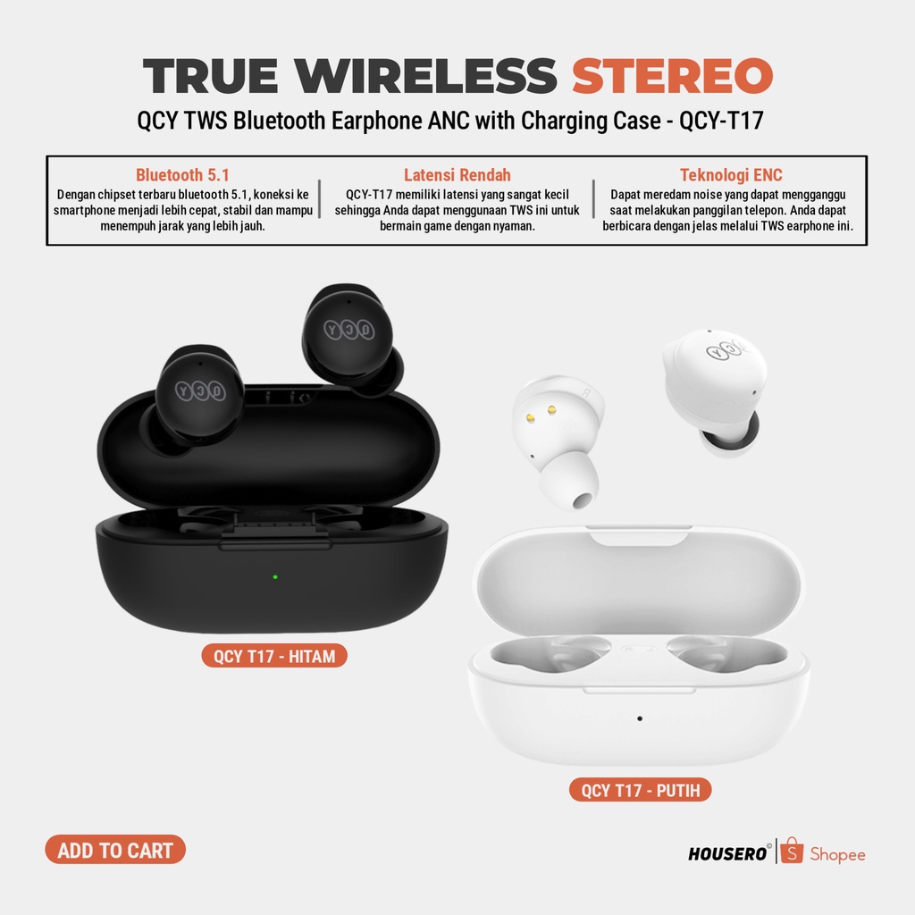 BARU QCY TWS Bluetooth 5.1 Earphone with Charging Case - QCY-T17