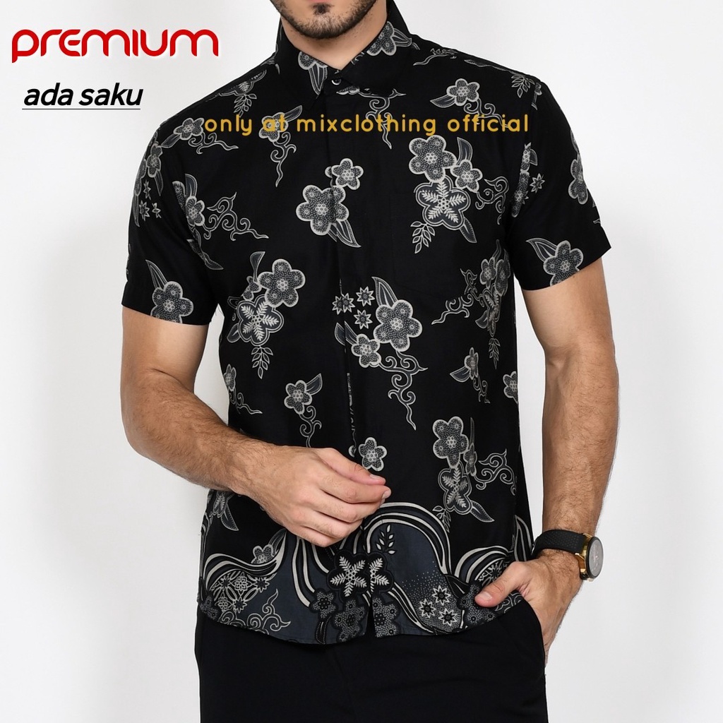 New Premium Baju Kemeja Batik Pria Slimfit Lengan Pendek 1904 Hitam