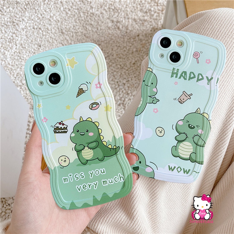 Casing Realme C53 C35 C21Y C25Y C15 C11 2020 C25s C12 C25 C20 C11 2021 C3 6i 5i C20A 5 5s C1 Wavy Edge Happy Milk Tea Cake Donat Kartun Dinosaurus Kecil Lucu Lembut TPU Cover