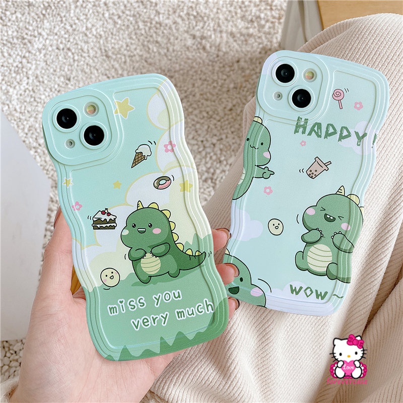 Casing Realme C53 C35 C21Y C25Y C15 C11 2020 C25s C12 C25 C20 C11 2021 C3 6i 5i C20A 5 5s C1 Wavy Edge Happy Milk Tea Cake Donat Kartun Dinosaurus Kecil Lucu Lembut TPU Cover