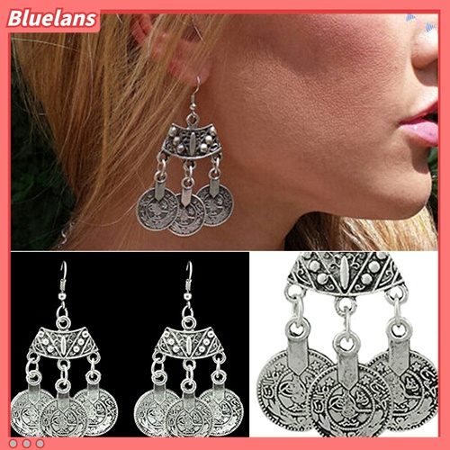 Anting Kait Gantung Panjang Desain Koin Gaya Etnik Vintage Untuk Wanita