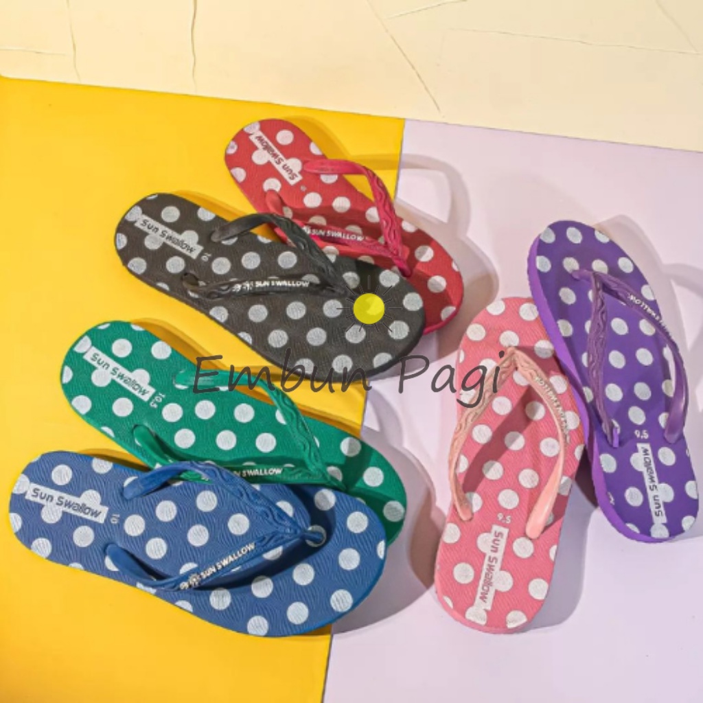 Sandal Jepit Wanita Ladies Polkadot Warna Warni Sun Swallow Ukuran 9-10,5